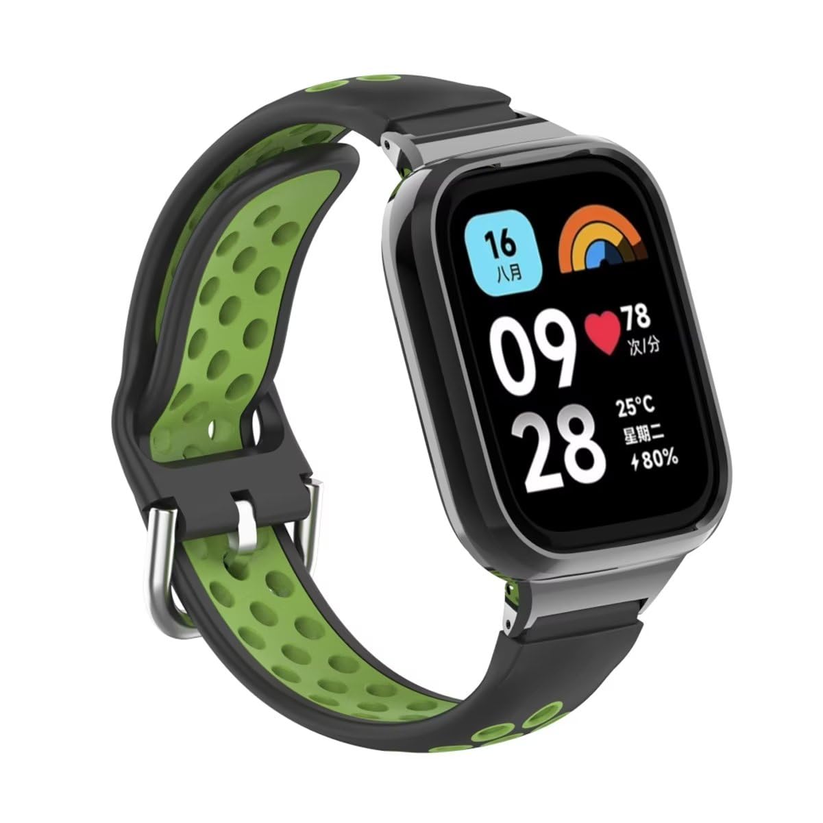 T-BLUER Strap Compatible with Xiaomi Redmi Watch 3 Active,Silicone Breathable two-color Watch Band Stainless Steel Metal Protective Frame Bracelet Accessories for Redmi Watch 3 Active Black Green - Image 2