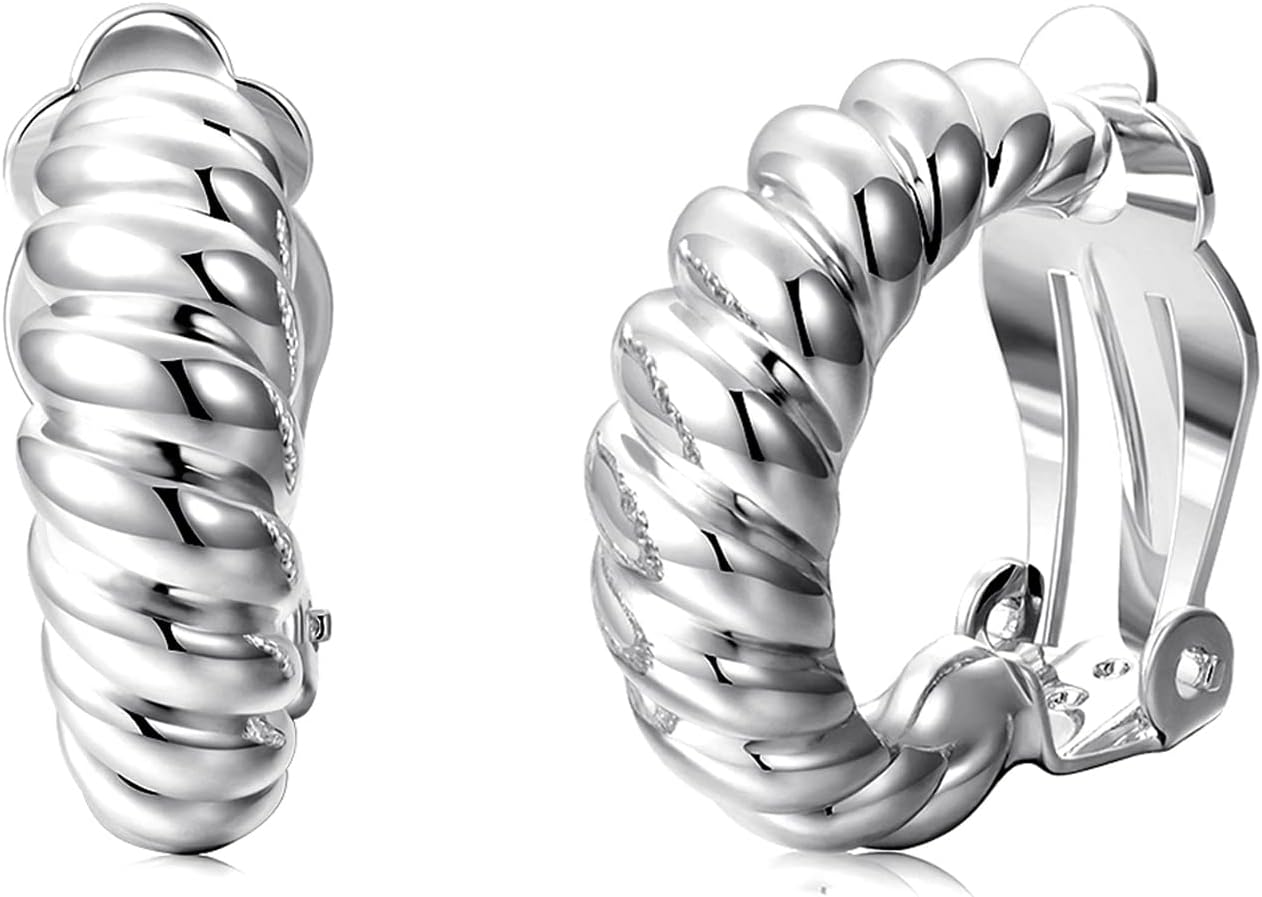 Clip on Earrings Women, 14K Gold Hoop Clip-On Earrings for Women, Hypoallergenic Non Pierced Croissant Earrings