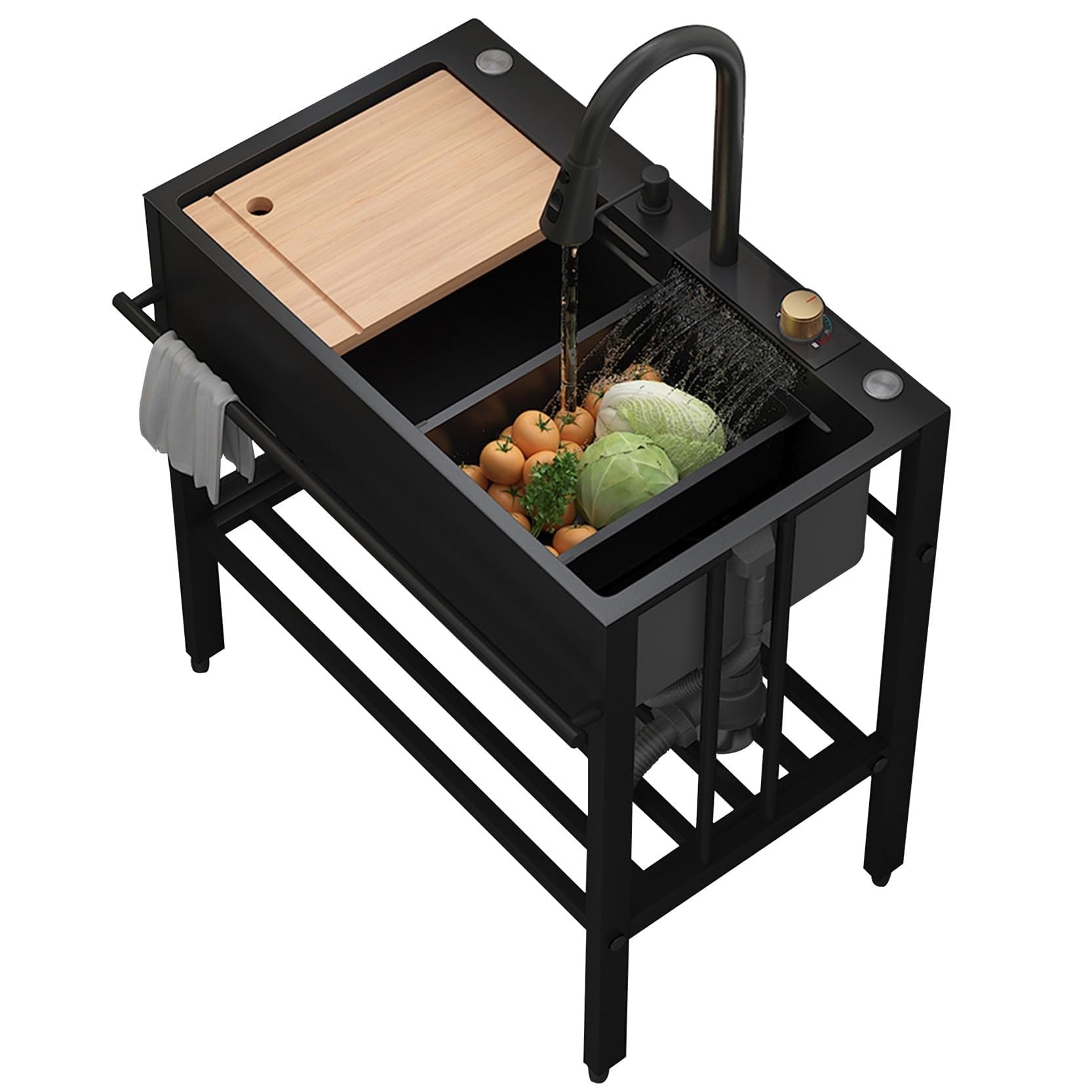 SDdPulse Free Standing Kitchen Sink Stainless Steel Sink with Tap and Storage Shelves - Nanometer Waterfall Design for Indoor/Outdoor Use, Black, 68L x 45W x 75H (cm)