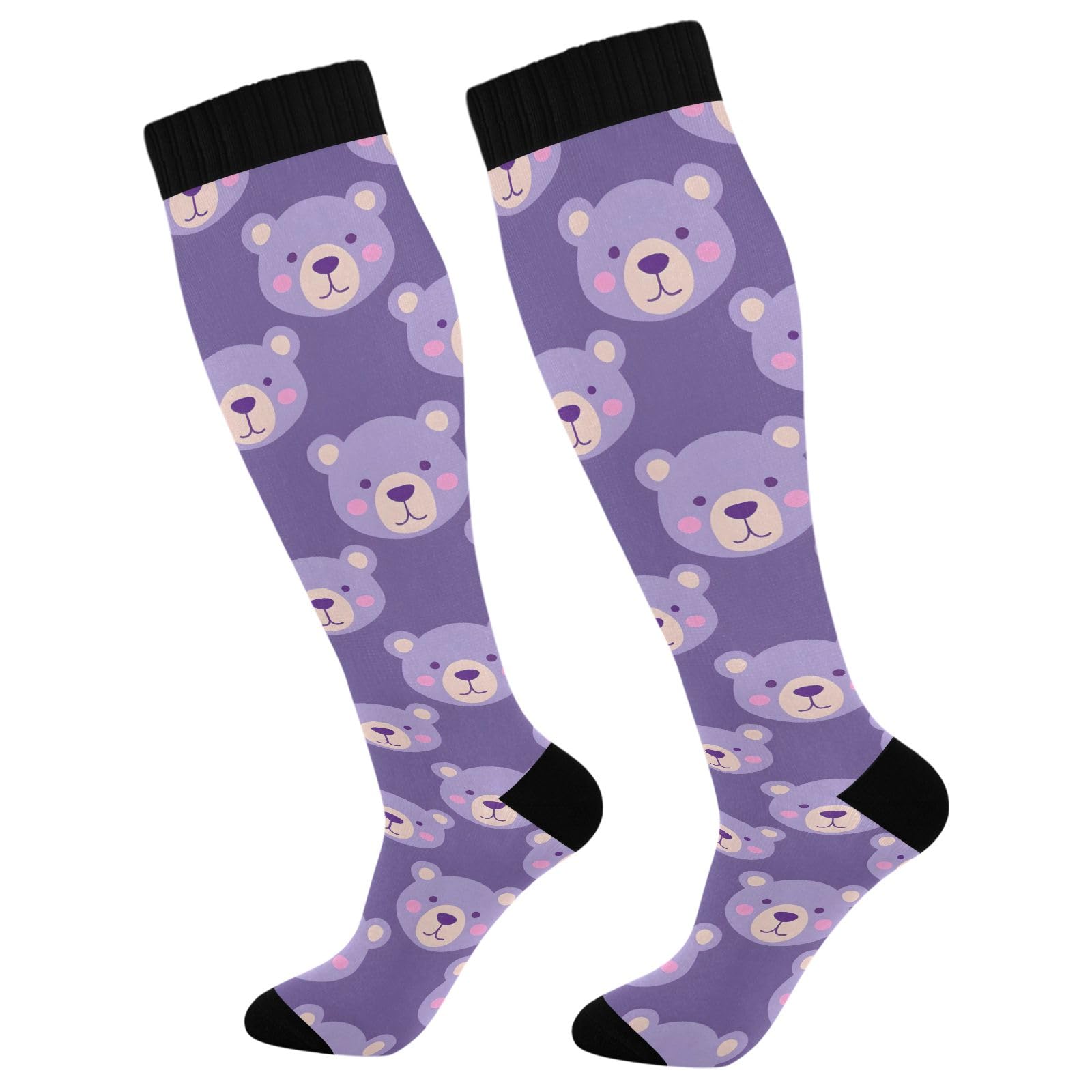 ALAZA Athletic Compression Socks Knee High Socks Stockings for Women Cute Bear Purple Running Circulation Sport Football