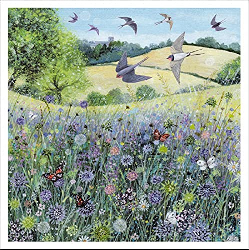 Woodmansterne Artistic General Greeting Card - 'Over the Fields' - Swallows, Butterflies and Wildflowers - Suitable for Birthday - by Lucy Grossmith