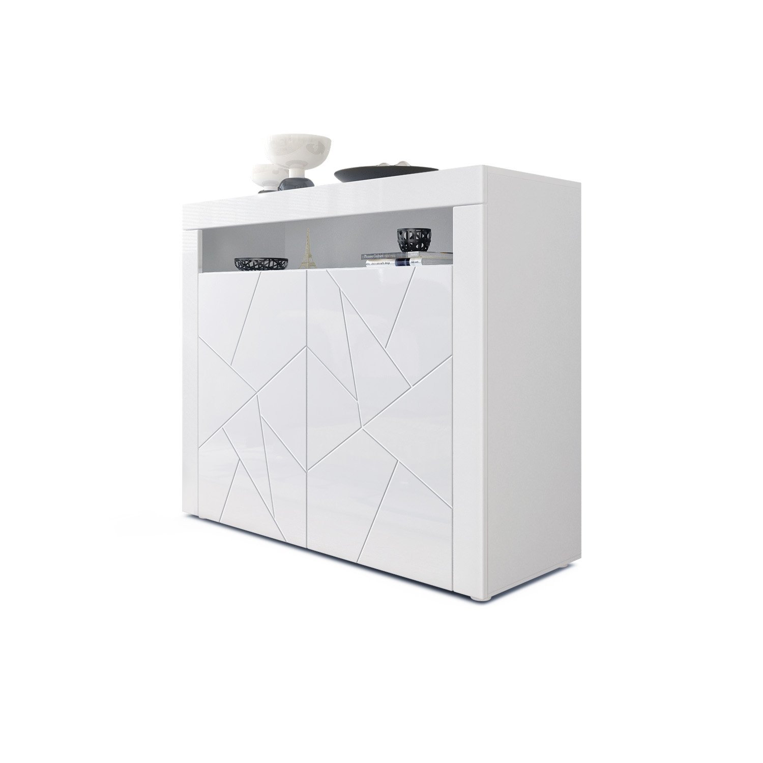 Vladon Cómoda Valencia, Cajonera con 2 Puertas y 1 Compartimento Abierto, Blanco Mate/Blanco de Alto Brillo Elemento Estructura 3D/Blanco de Alto Brillo (108 x 92 x 40 cm)