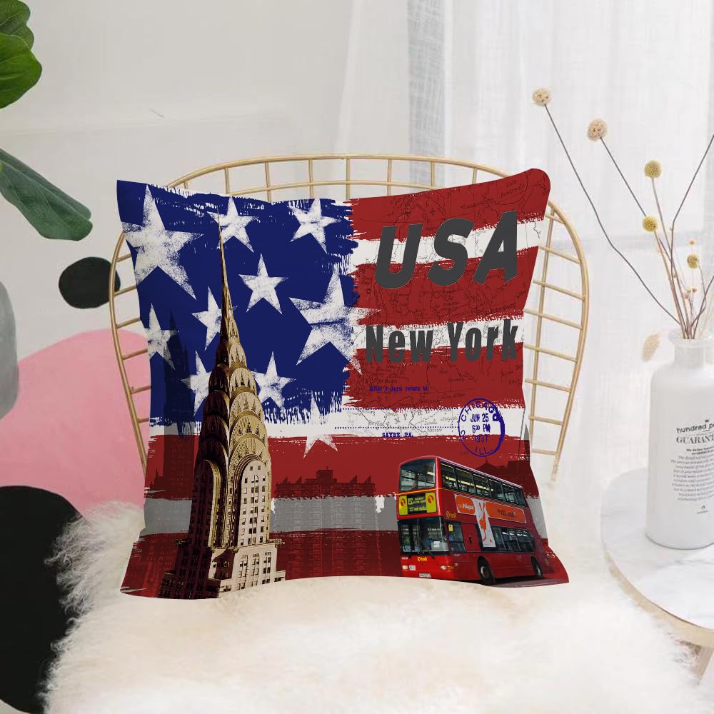 HYOSXW Cushion Cover,Throw Pillow Case Home Decorative for Living Room Bedroom Sofa Chair 16X16 Inch,American Flag Double Decker Bus Stamp,Pillowcase 40X40cm