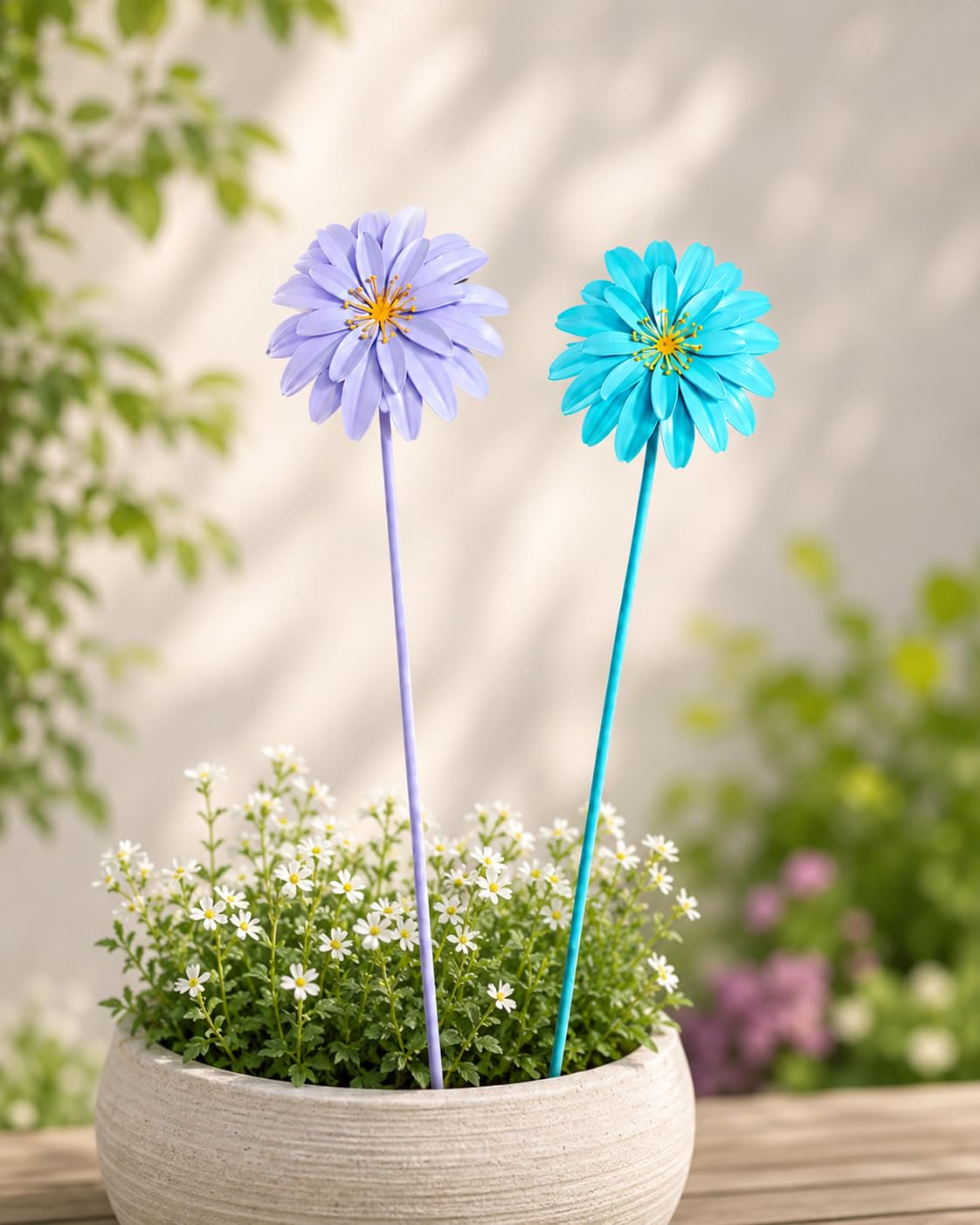 Metal Daisy Flower Garden Stakes, Purple and Teal, Set of 2, Decorative Plant Pot Decor-image-29