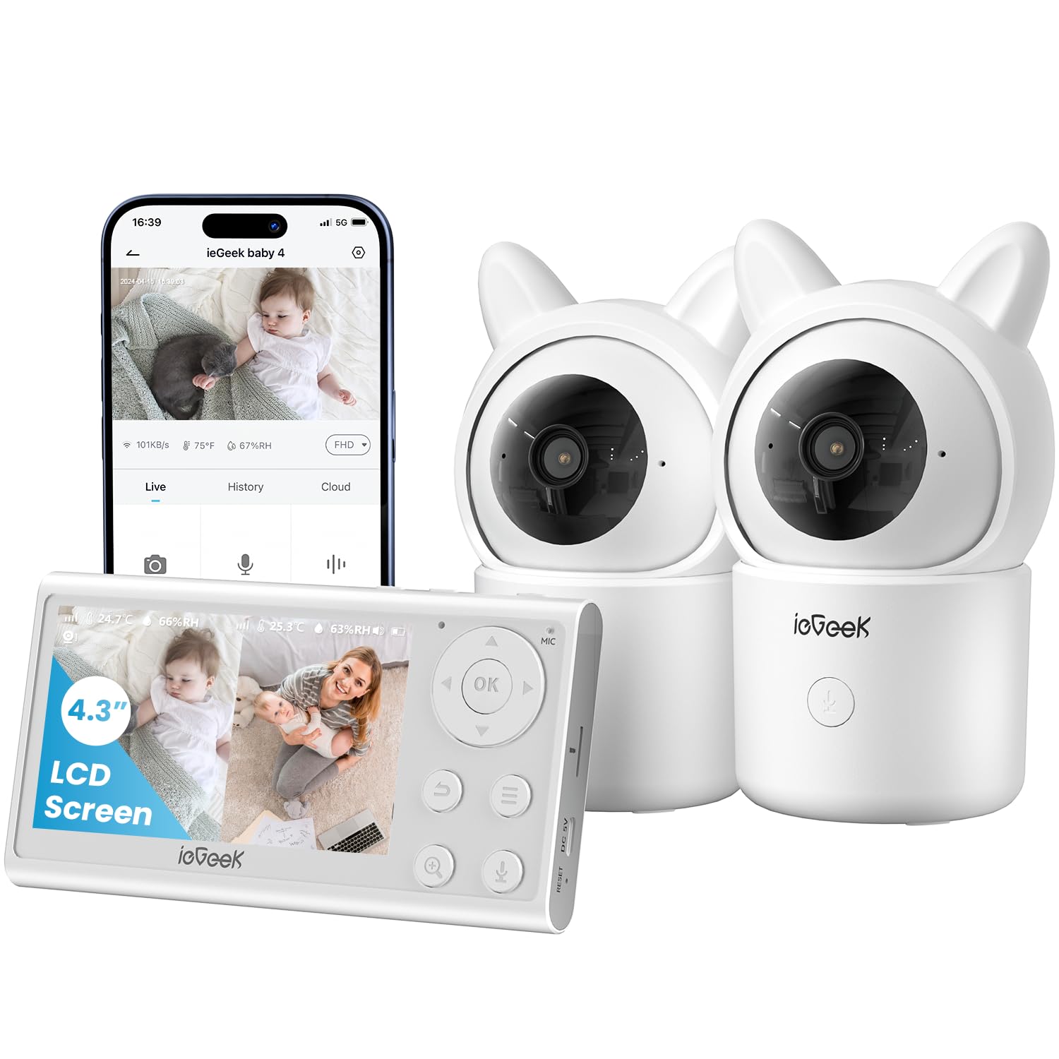 ieGeek Baby Monitor Video con 2 Fotocamere, 4.3" HD Telecamera Neonato Controllo Tramite APP Mobile & Monitor LCD, Avvisi Intelligenti/Visione Notturna/Tracciamento Automatico/Temperatura e Umidità