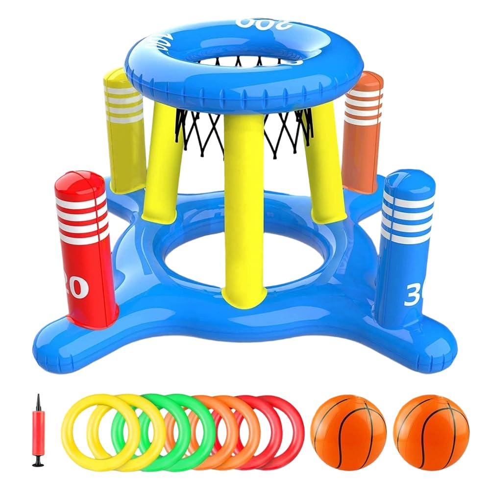 Canestro gonfiabile per piscina con gioco di lancio ad anelli, set galleggiante gonfiabile, giocattolo acquatico, cestino da basket galleggiante con 2 palline e 8 anelli di lancio, gioco in