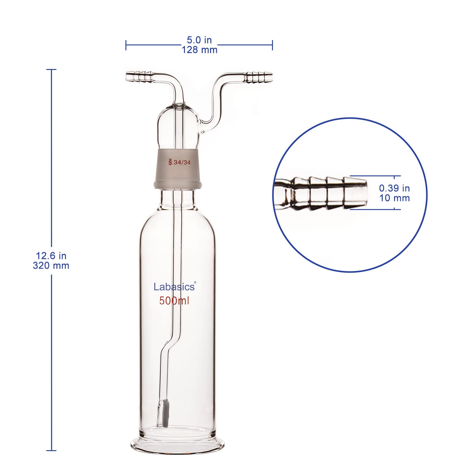 Labasics Bottiglia di Lavaggio del Gas, Vetro Borosilicato 34/34 Tappo Gas Gorgogliatore di Gas Bottiglia di Lavaggio con Disco Fritto e 8 mm di Ingresso OD/Tubi di Uscita, 500 ml