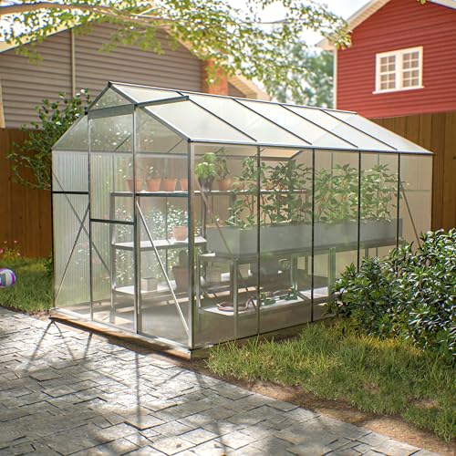 Greenhouse 6' x 10' Silver Aluminium Frame with Polycarbonate Panels by Garden Universe Inc Free Base GH10x6S-Amz