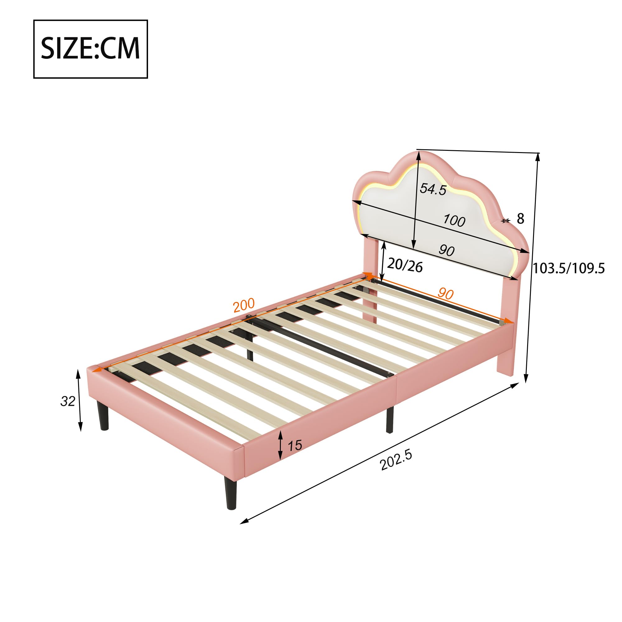 Letto Imbottito per Bambino 90x200, Letto per Bambino con LED, Letti Principessa per Ragazza, Letti per Adolescenti Ragazza (Rosa+Cuoio, 90 x 200 cm)