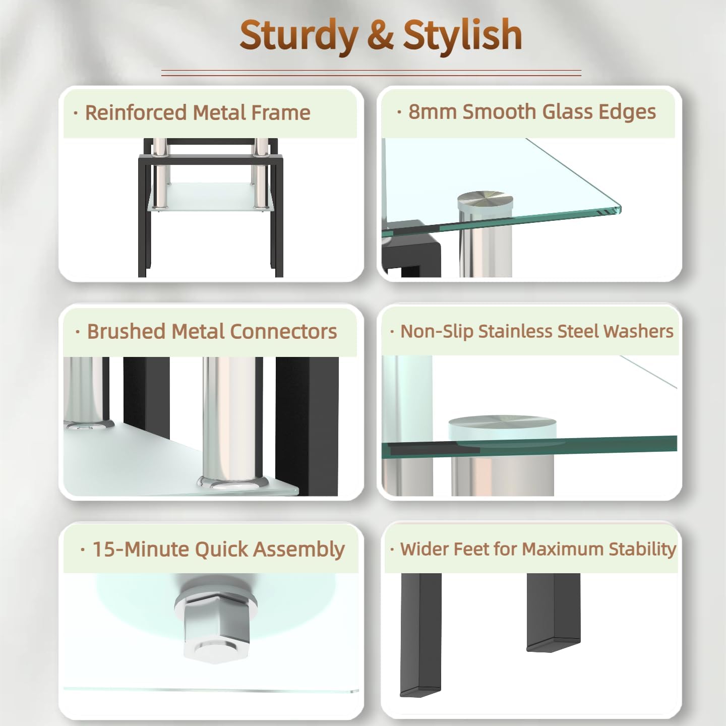 Glass Side Table Set of 2, Small 2-Tier End Table with Tempered Glass Top and Metal Legs, Clear Small Corner Table for Living Room, Bedroom, Apartment