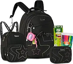 Kit Mochila de Costas Oficial Luluca Escolar Juvenil Menina Grande LU27030 Soft Bolso Antifurto (Preto)