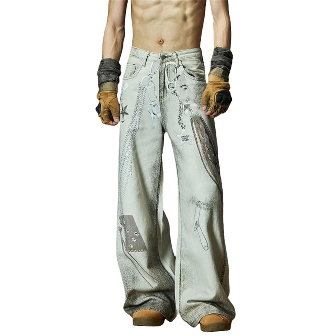 Mens Printed Wide Denim Jeans - Straight Loose Personalized Comfort