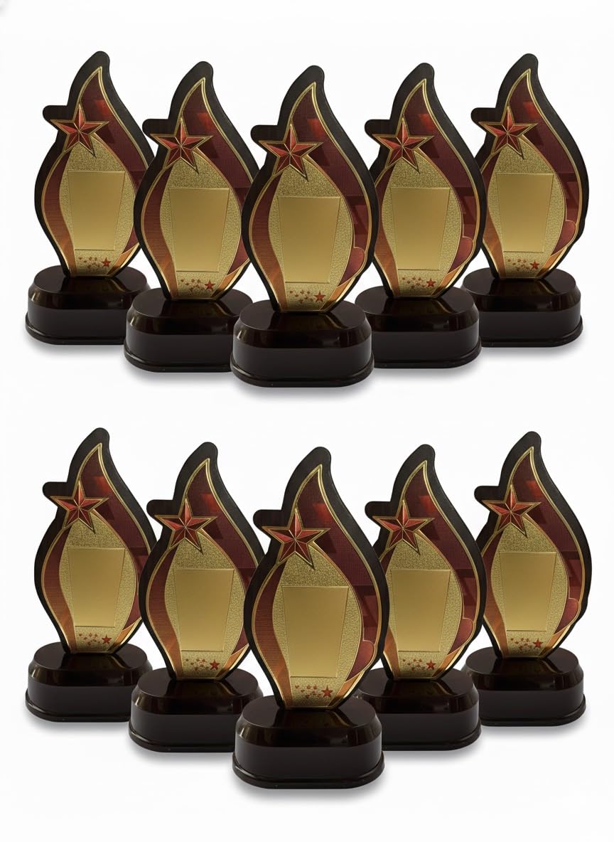 Premium Wooden Flame Shape Trophy Memento Set of 10 | Gold Finish Star Design Award Plaque for Corporate Events, School Functions, Sports Events, College Fests & Recognition Ceremonies (6.75 Inches)-picture-15