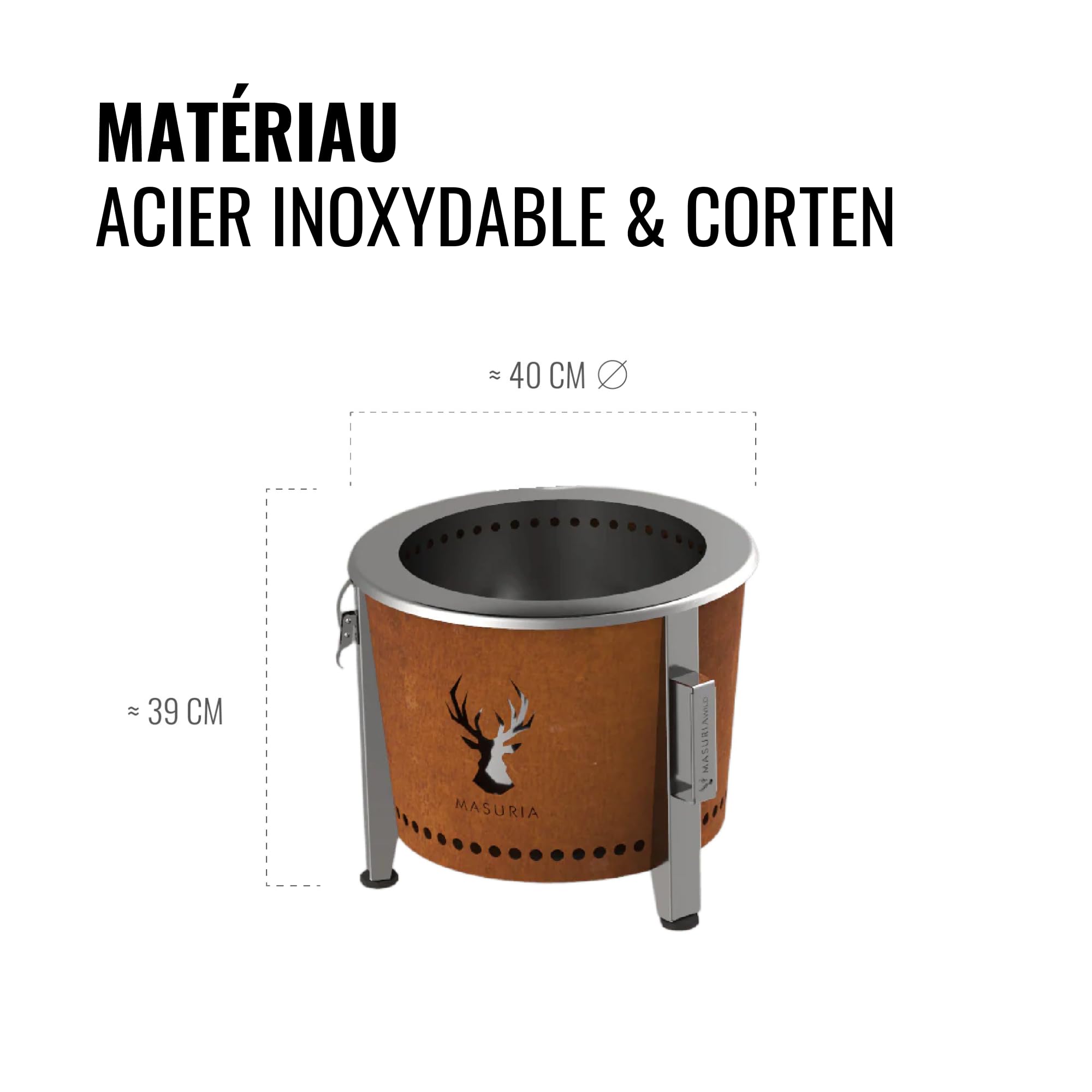 Masuria Brasero sans fumée 39cm Alpha 400 - Brasero extérieur Portable pour Camping, terrasse et Jardin en Acier INOX et corten - Fabriqué en UE - Jusqu’à 95% de fumée en Moins - Pieds réglables