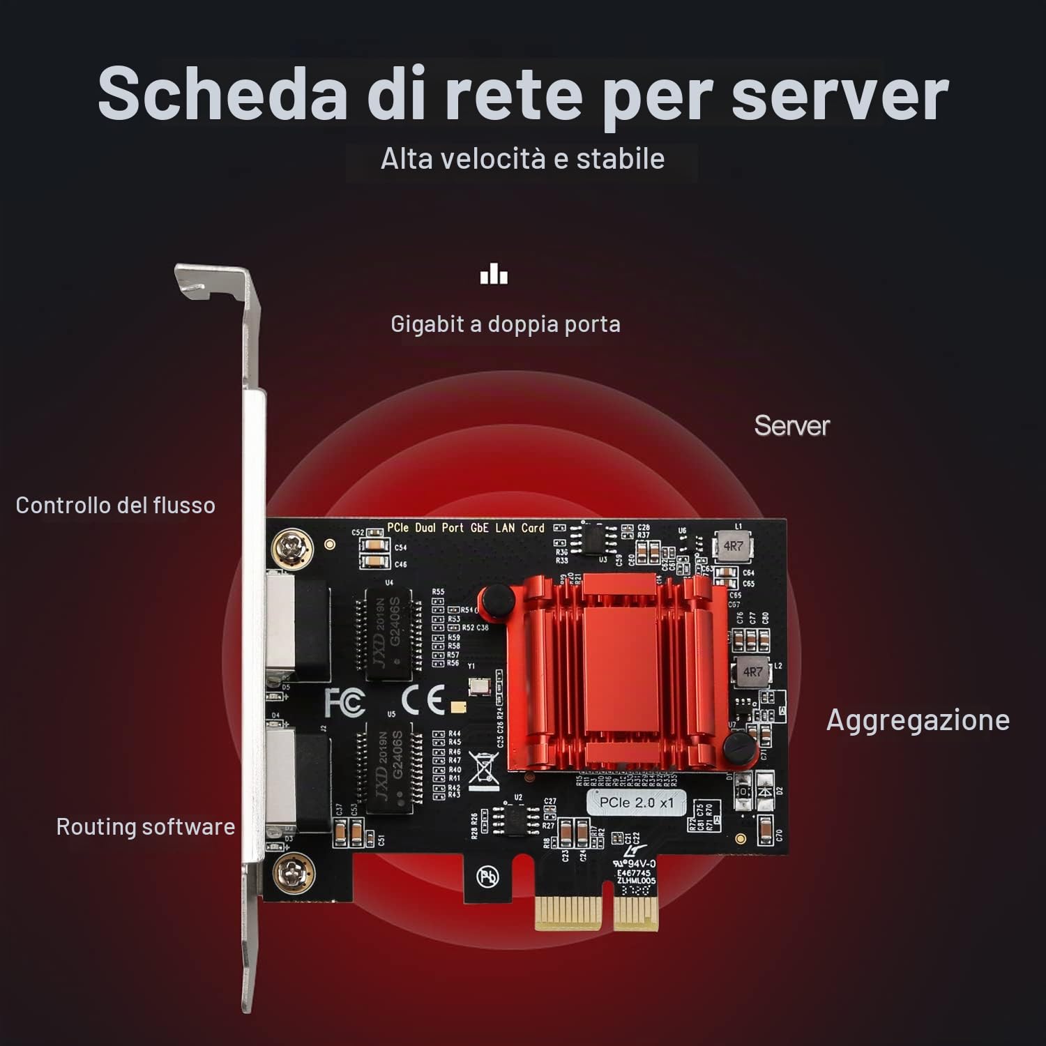 Scheda Ethernet Gigabit PCIe a doppia porta - Intel 82575&82576, 2 porte RJ45, adattatore PCI Express 1000M, supporto PXE e Low-Profile - Compatibile con Windows/Windows Server/Linux/FreeBSD/DOS