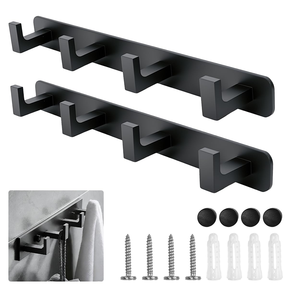 Percheros Pared 4 Ganchos - Negro Mate Percheros de Baño Montaje en Pared Colgandor Ganchos Perchero de Aleación de Aluminio Bonito y Resistente para Recibidor, Cocina, Baño, Dormitorio Garga 10kg