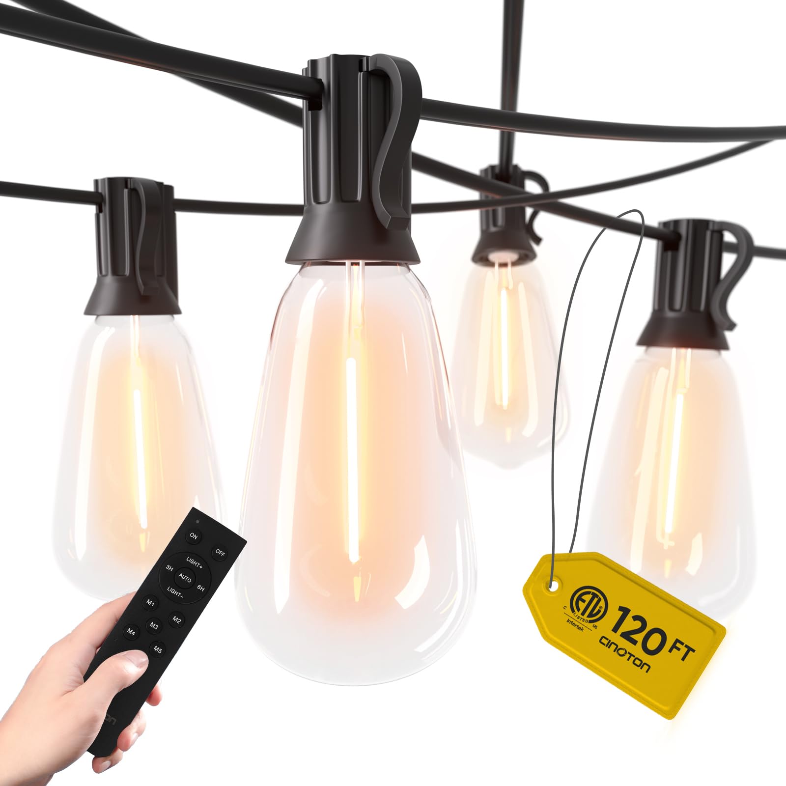 CINOTON 120FT LED Outdoor String Lights with Remote, 60+2 Edison Shatterproof Bulbs, 24V Low Voltage, Dimmable Patio Lights Outdoor Waterproof, 2700K LED String Lights for Outside Porch Yard Bistro