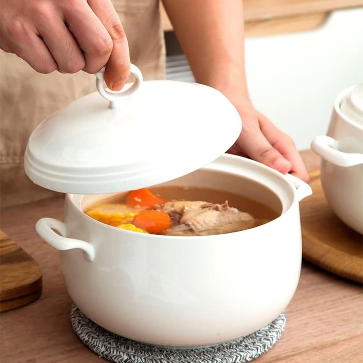 Zuppiera creativa in ceramica con coperchio, capacità 3 litri, doppia maniglia, ciotola decorativa per zuppe, muesli e zuppa di miso