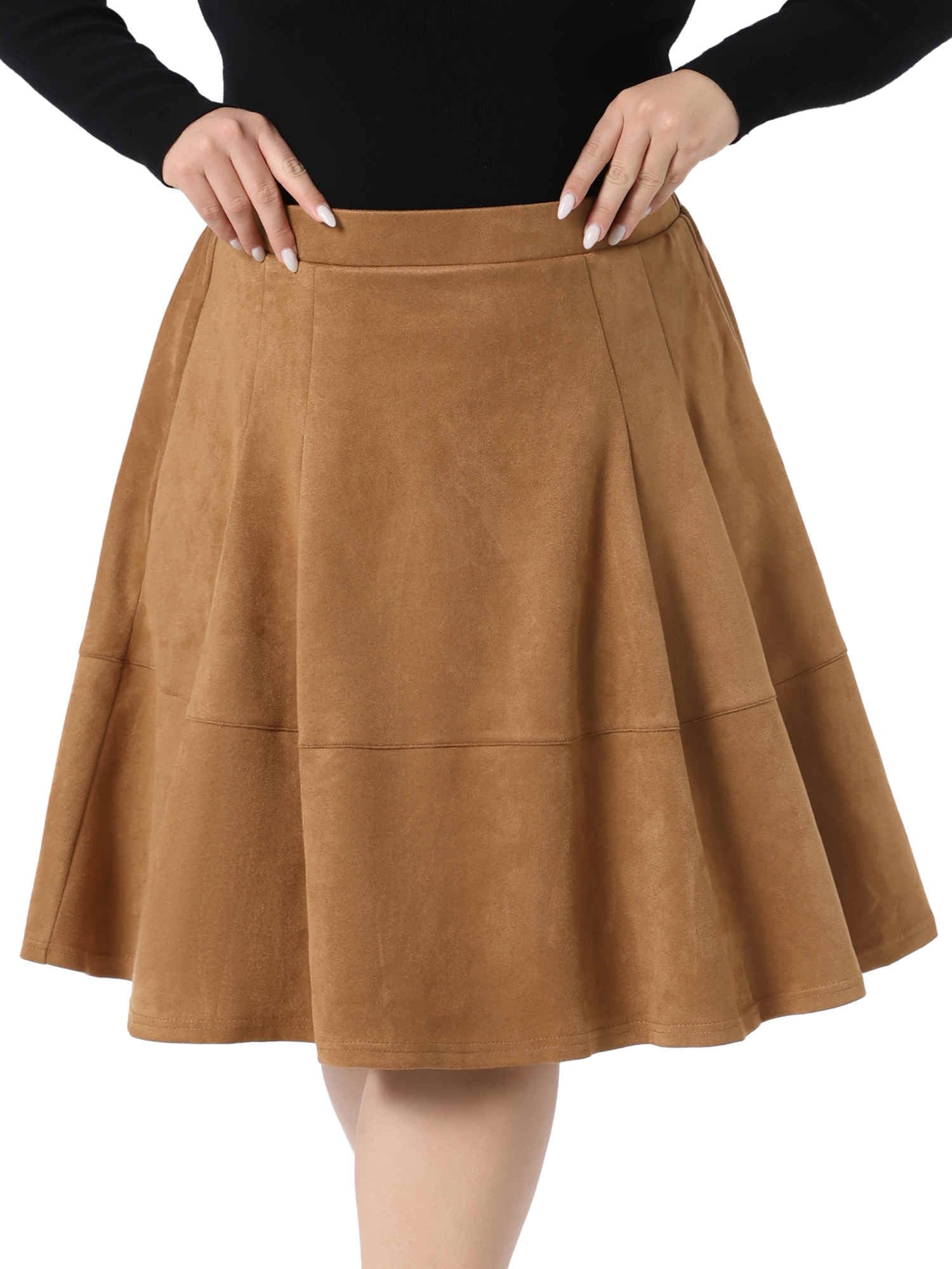 Agnes Orinda Plus Size Faux Suede Skirt for Women High Waist A Line with Pockets Elastic Midi Skirts