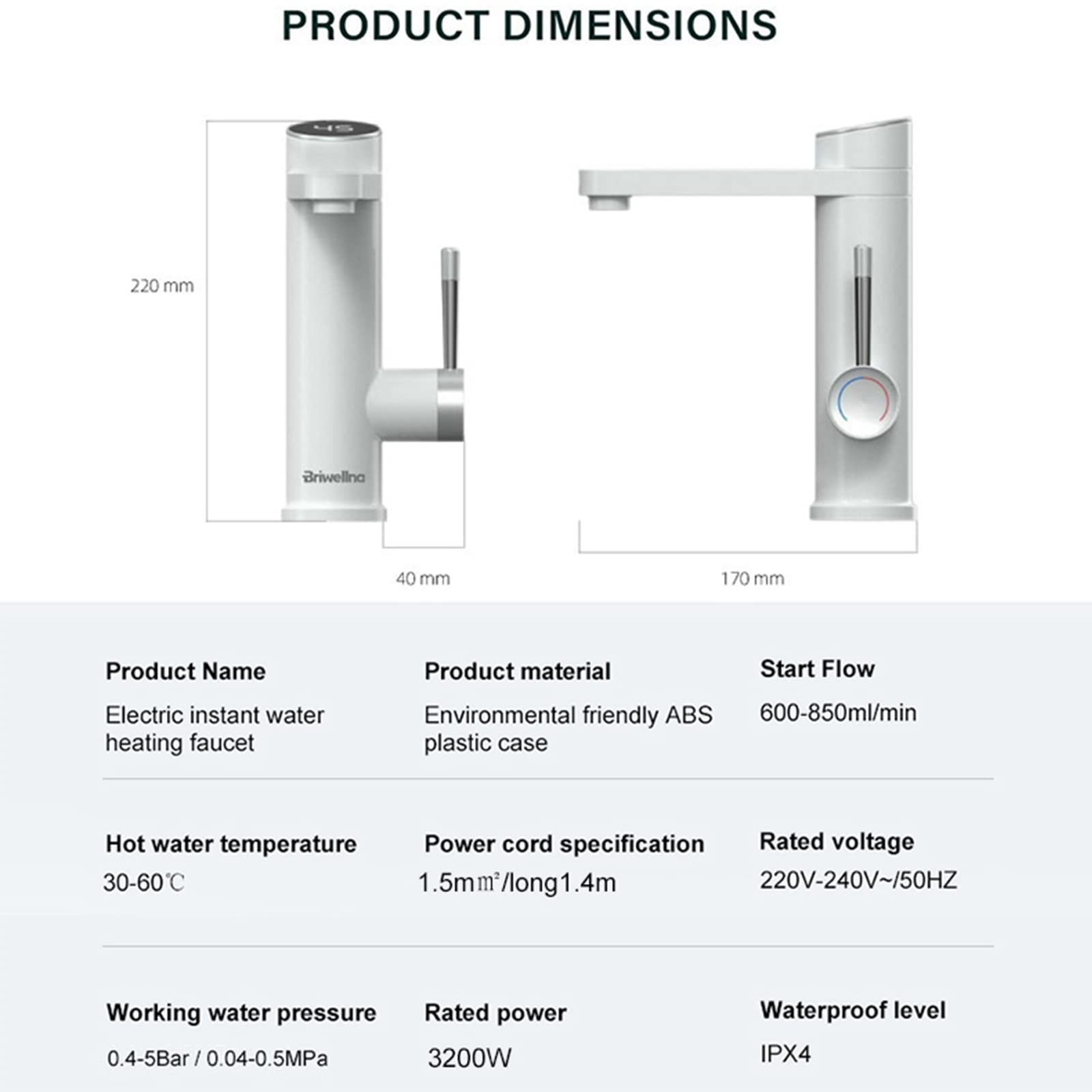 Rubinetto per lavandino del Bagno, Rubinetto per Acqua Calda istantanea, Rubinetto Elettrico, Rubinetti per Bagno per scaldabagno Senza Serbatoio, Rubinetto per Riscaldamento rapido con Display