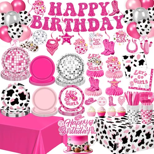 Cowgirl Birthday Party Decorations Plates Napkins Cups Banner Hanging Swirls Tablecloths Balloons Cake & Cupcake Toppers Honeycomb Centerpieces Disco Cowgirl Party Decorations Serves 24