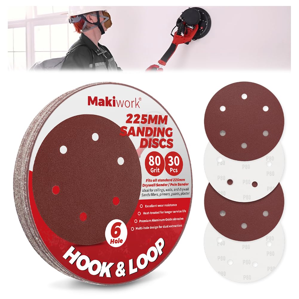Makiwork 30 Stück 225mm 6-Loch 80 Korn Klett-Schleifscheiben – Grobkörniges Aluminiumoxid Schleifpapier für Trockenbauschleifer, Farbentfernung, Holz- & Metallbearbeitung