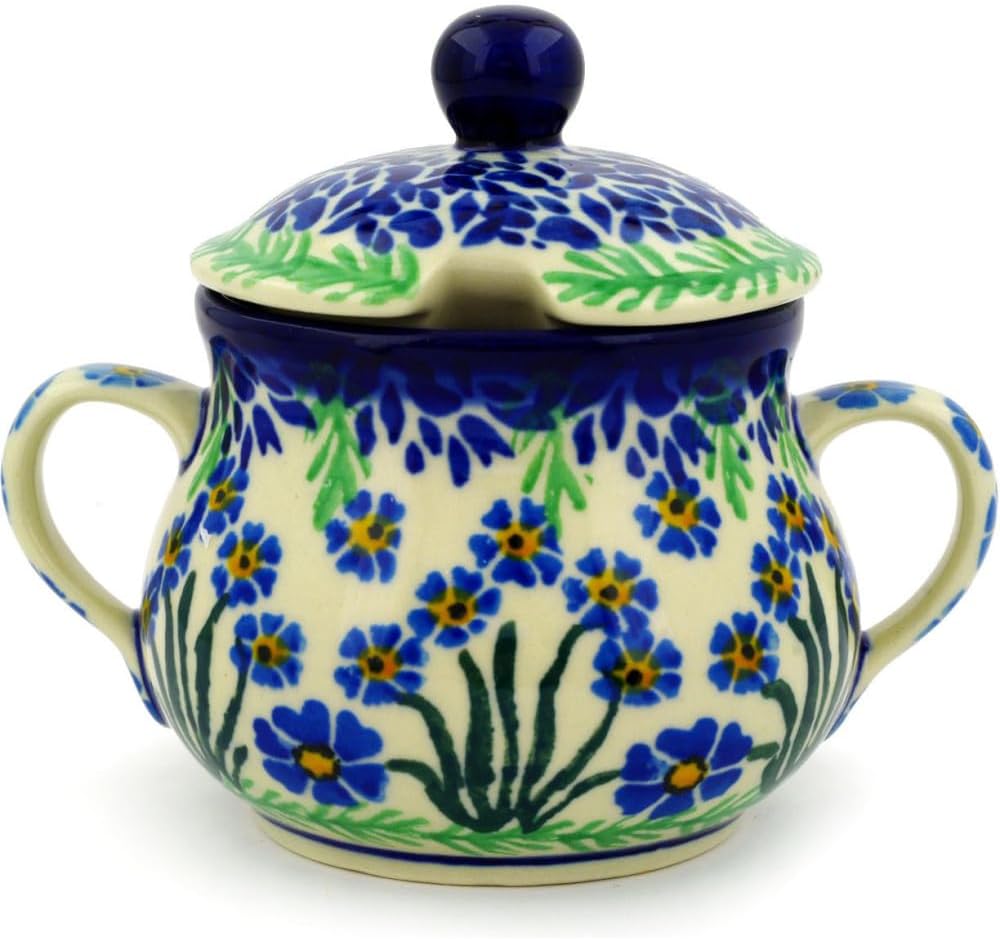 Polmedia Polish Pottery Sugar Bowl 7 oz - Blue April Showers Pattern Handmade in Boleslawiec Poland by Ceramika Artystyczna + Certificate of Authenticity