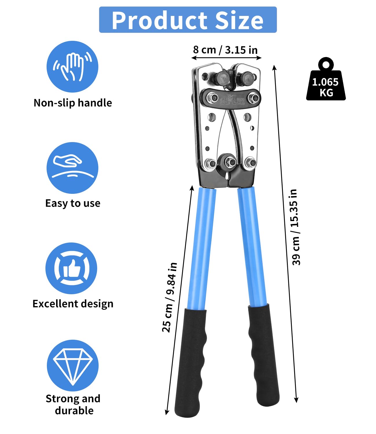 Pinza crimpatrice 10 – 1/0 AWG grande pinza crimpatrice capicorda 6/10/16/25/35/50 mm² con 8 misure, 60 morsetti ad anello in rame + 80 tubi termoretraibili