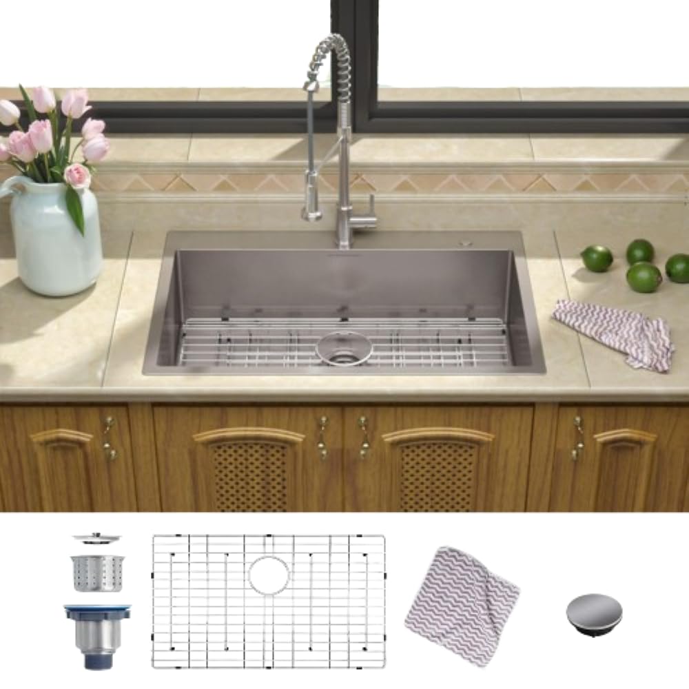 MENSARJOR Drop in Kitchen Sink, 33 x 22 inch Topmount Kitchen Sink, 16 Gauge Stainless Steel Sink, Handmade for Single Bowl Kitchen Sink or Outdoor Sink