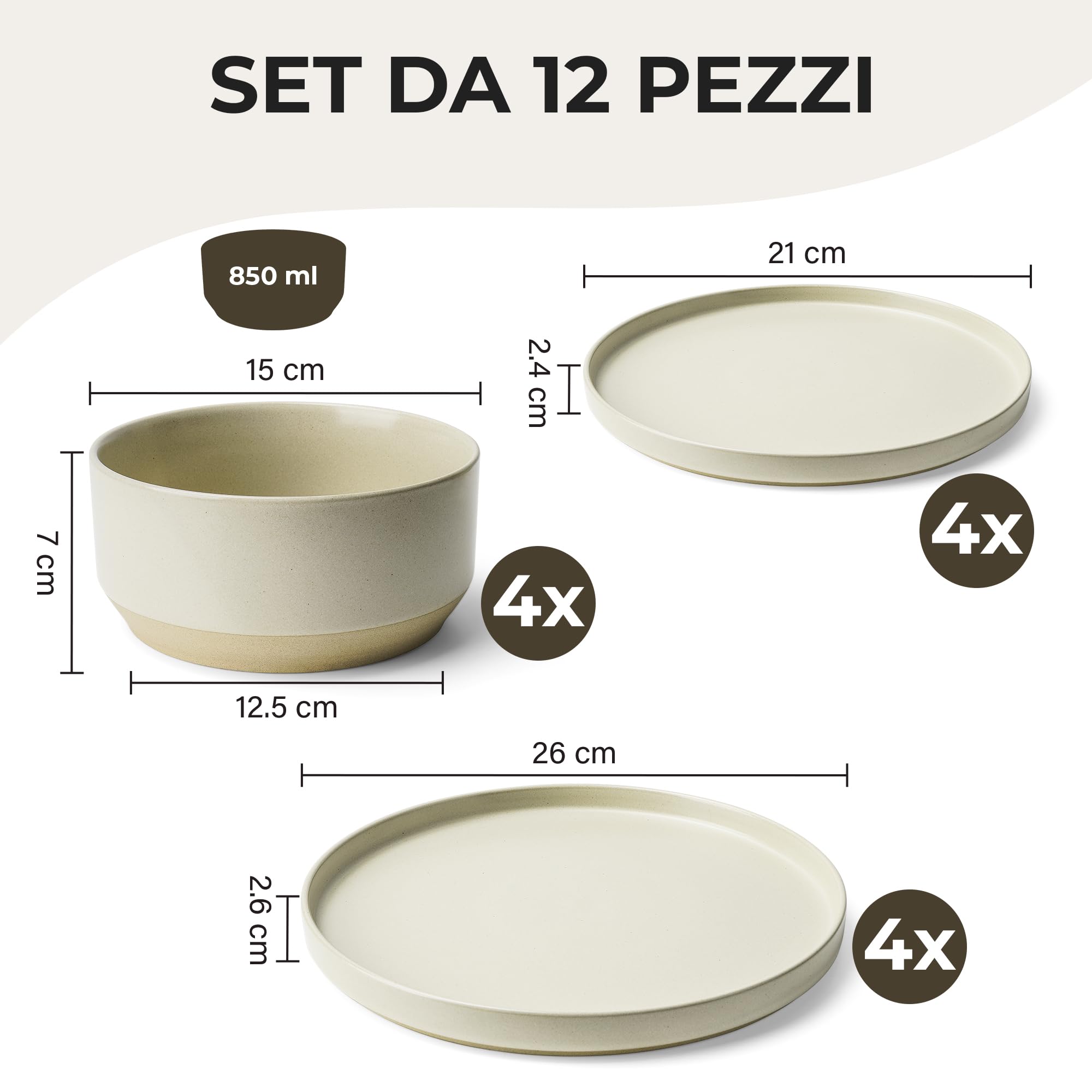 MIAMIO - Set di stoviglie per 4 persone/Set di stoviglie in pietra da 12 pezzi in beige/Lavastoviglie e microonde - Collezione Sierra (chiaro, (12x))