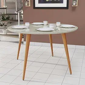 Mesa de Jantar Redonda Pés Palito Com Tampo em Vidro Moderna para Sala de Estar e Cozinha (Off White)