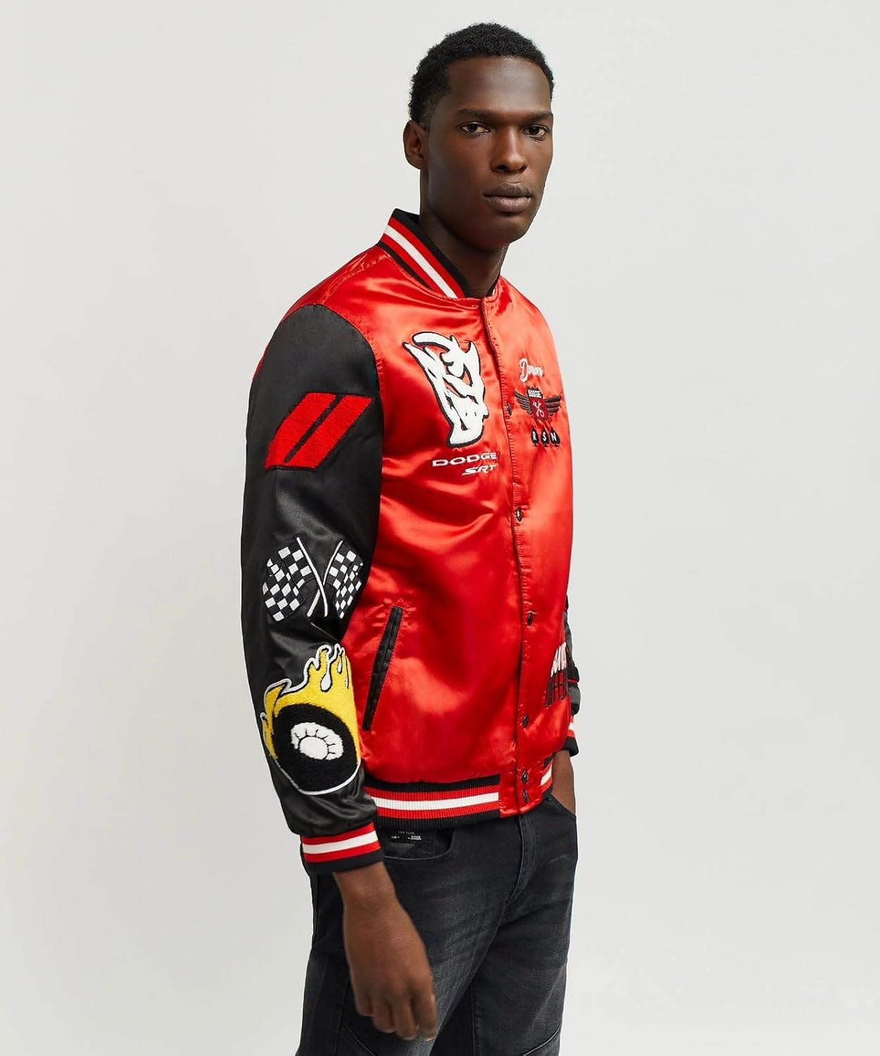 Reason Jackets For Men, Lightweight Casual Outerwear, Dodge Hellcat Flame Satin Varsity Jacket.