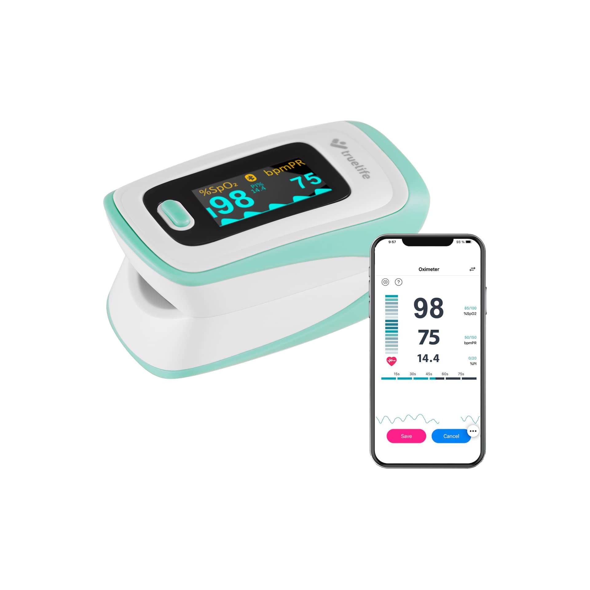 TrueLife Oximeter X5 with key features: SpO2 measuring, multiple display modes, pulse rate measuring, OLED display, compact design, painless use, Bluetooth.