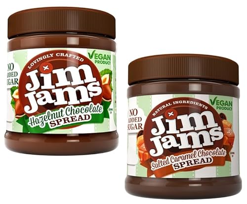Jimjams Plant based Vegan No Added Sugar Salted Caramel & Hazelnut Chocolate Spread 350g | Healthy Diabectic Belgium Choco Spread | Ideal on bread & breakfast & Baking Cakes, Pancakes, (2, Mix)