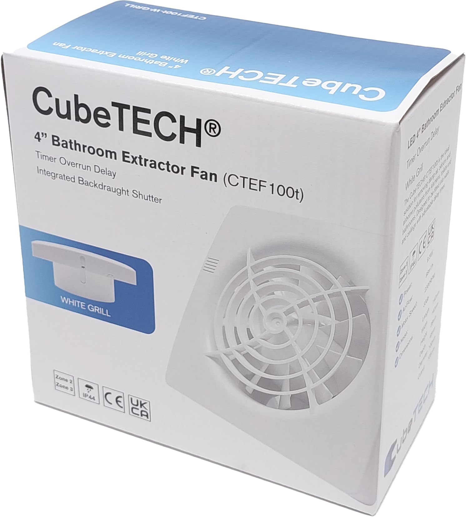 CubeTECH CTEF100t Ventilatore estrattore silenzioso per bagno da 100mm (4") con timer e ritardo di spegnimento. Bianco liscio.