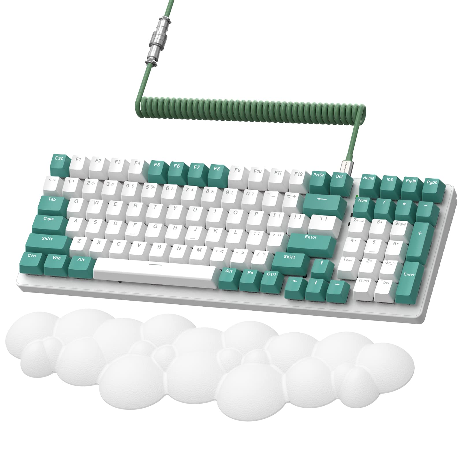 Lexonelec K6 Wireless Mechanical Keyboard with White Cloud Wrist Rest, 100 Keys, QWERTY Layout, 4000mAh, Wired/ 2.4Ghz/Bluetooth 5.0,RGB Backlit,Custom Coiled Cable for Gaming-Aqua Green Red Switch