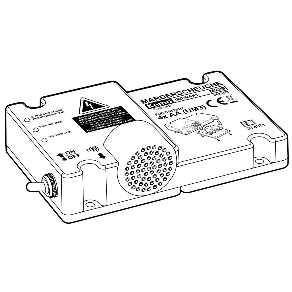 Kemo M229 Marderabwehr KFZ batteriebetrieben mit Plus-Minus-Kontaktplatten. Elektroschock, Hochfrequenztöne und blinkenden LED's. Unabhängig von Bordnetz. Mit Vibrationssensor