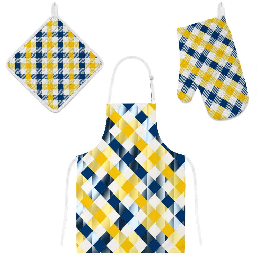 Tablier de cuisine avec poches imperméable set gant de four texture losanges bleu jaune