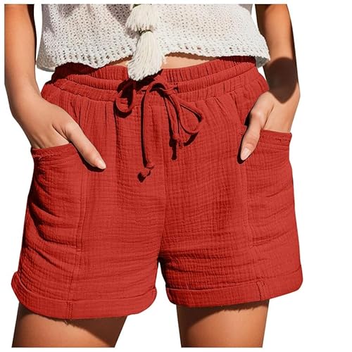 Generisch Pantalones cortos de muselina para mujer, pantalones cortos, holgados, cómodos, ligeros, transpirables, deportivos, diarios, exteriores, cortos, con cordón, versátiles, rojo, XXXXXL