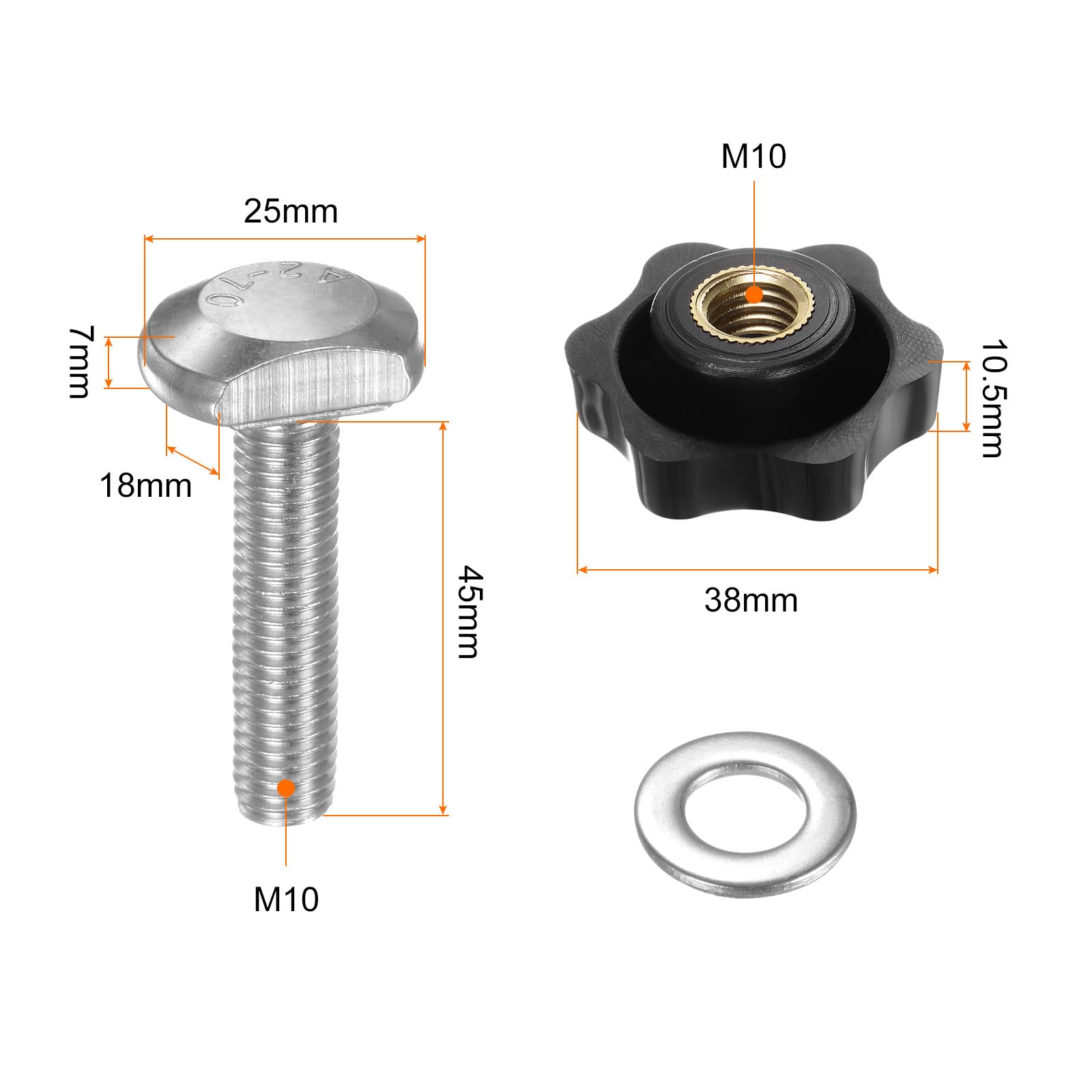sourcing map Lot de 5 boulons de rail en T M10 x 45 mm, boulons filetés M10 x 38 mm, écrous hexagonaux à main avec rondelle pour gabarits et fixations de travail du bois, noir