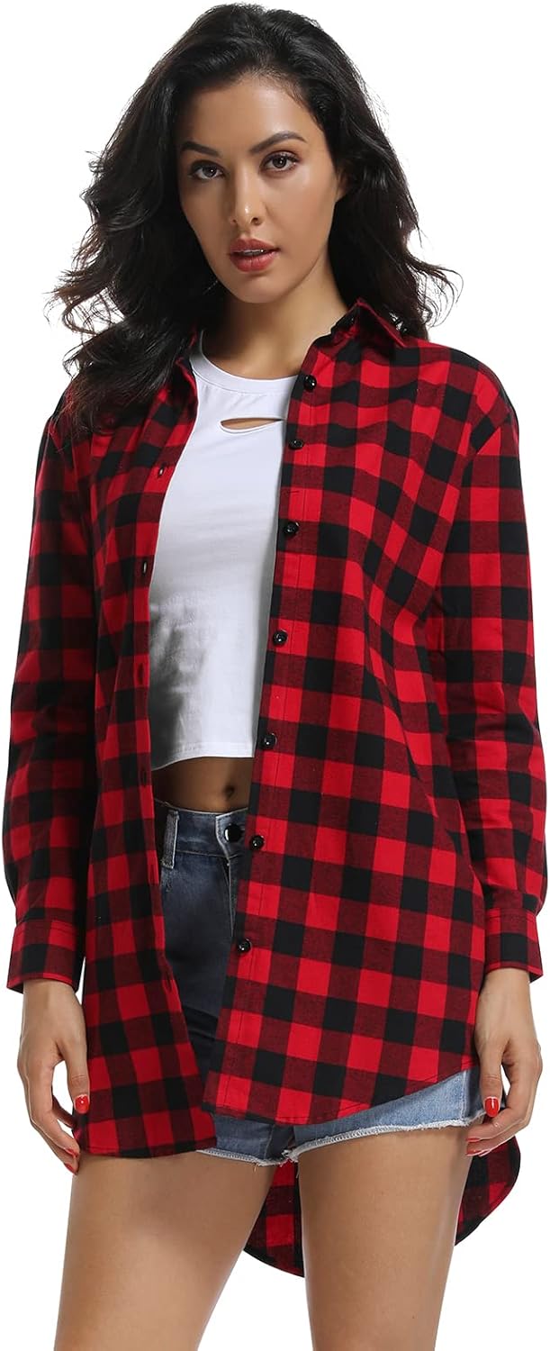 Women's Button Down Plaid Flannel Shirt Mid Long Fitted Fall Shirts High Low Tops