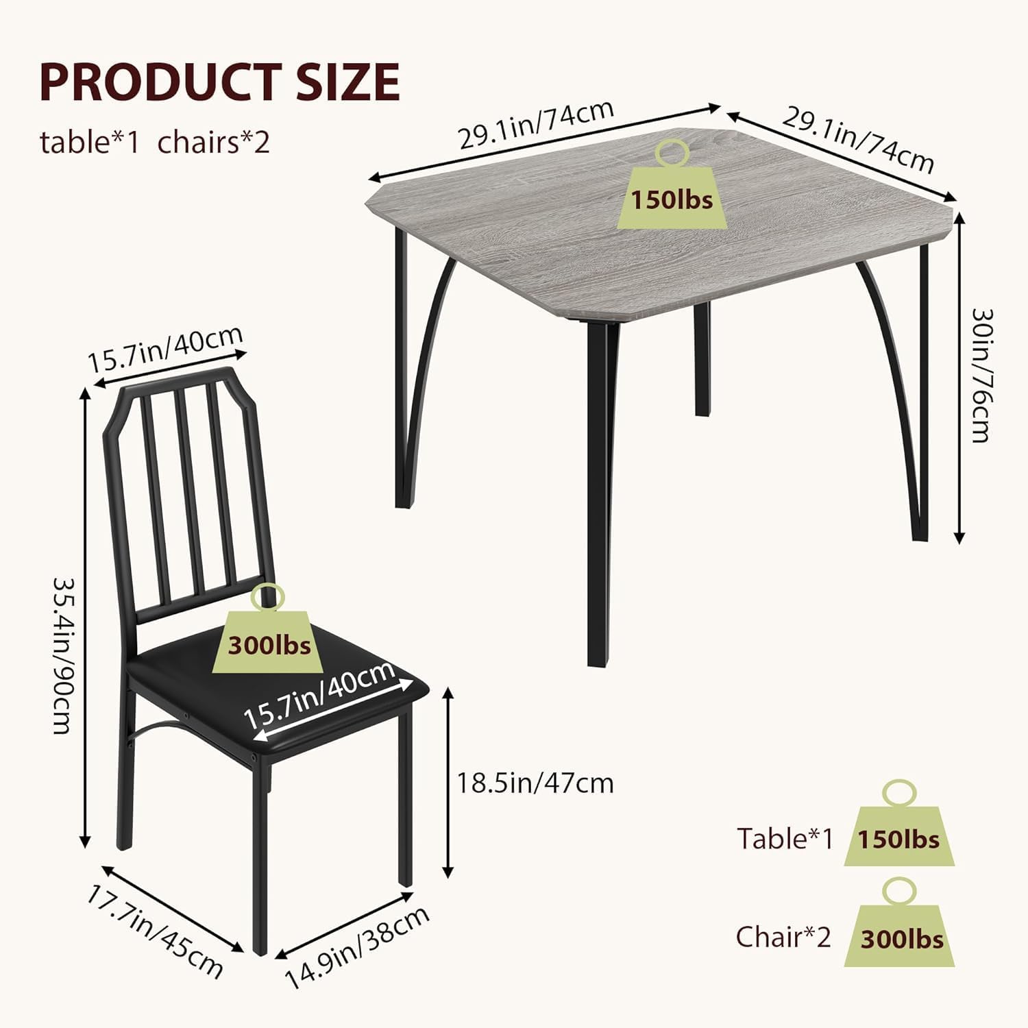 Ensemble Table à Manger 3 Pièces avec 2 Chaises Rembourrées, Métal et Bois, pour Petits Espaces