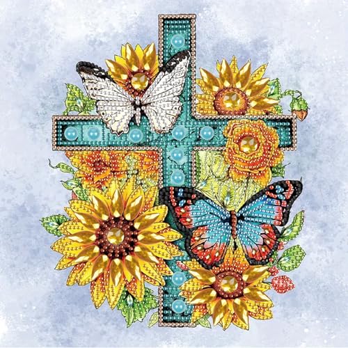 Image of Diamond Art Painting Kits for Adults, 5D Special Shape Diamond Art Kits for Beginners, Crystal Rhinestones Diamond Art Painting for Home Wall Decoration Gift 12x12inch, Sunflower Butterfly Cross