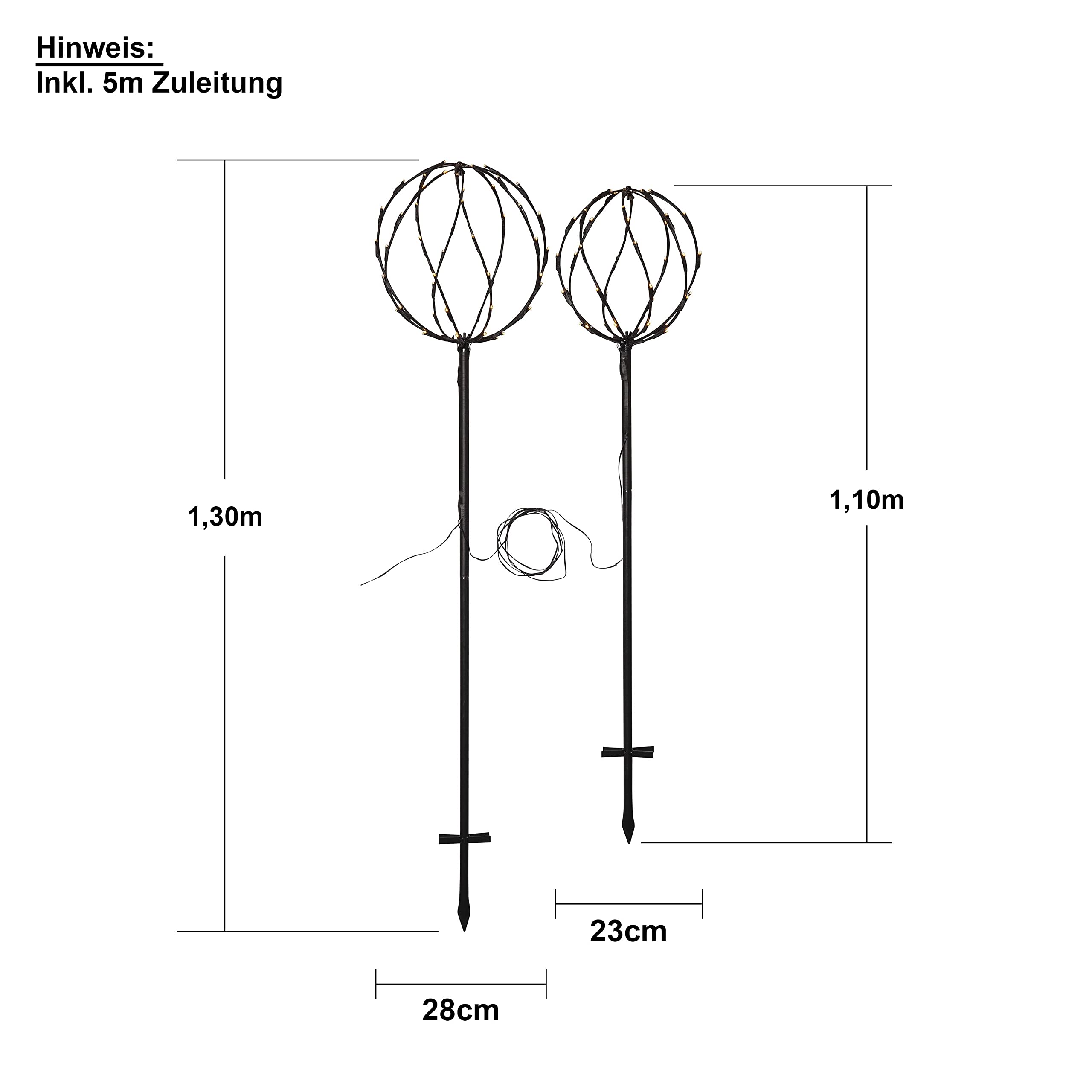Star Trading Sphere Kugelleuchten Set Garten, 2er LED Außenleuchten mit Erdspieß, IP44, Warmweiß, 130 cm & 110 cm, 5 m Kabel, Metallgeflecht