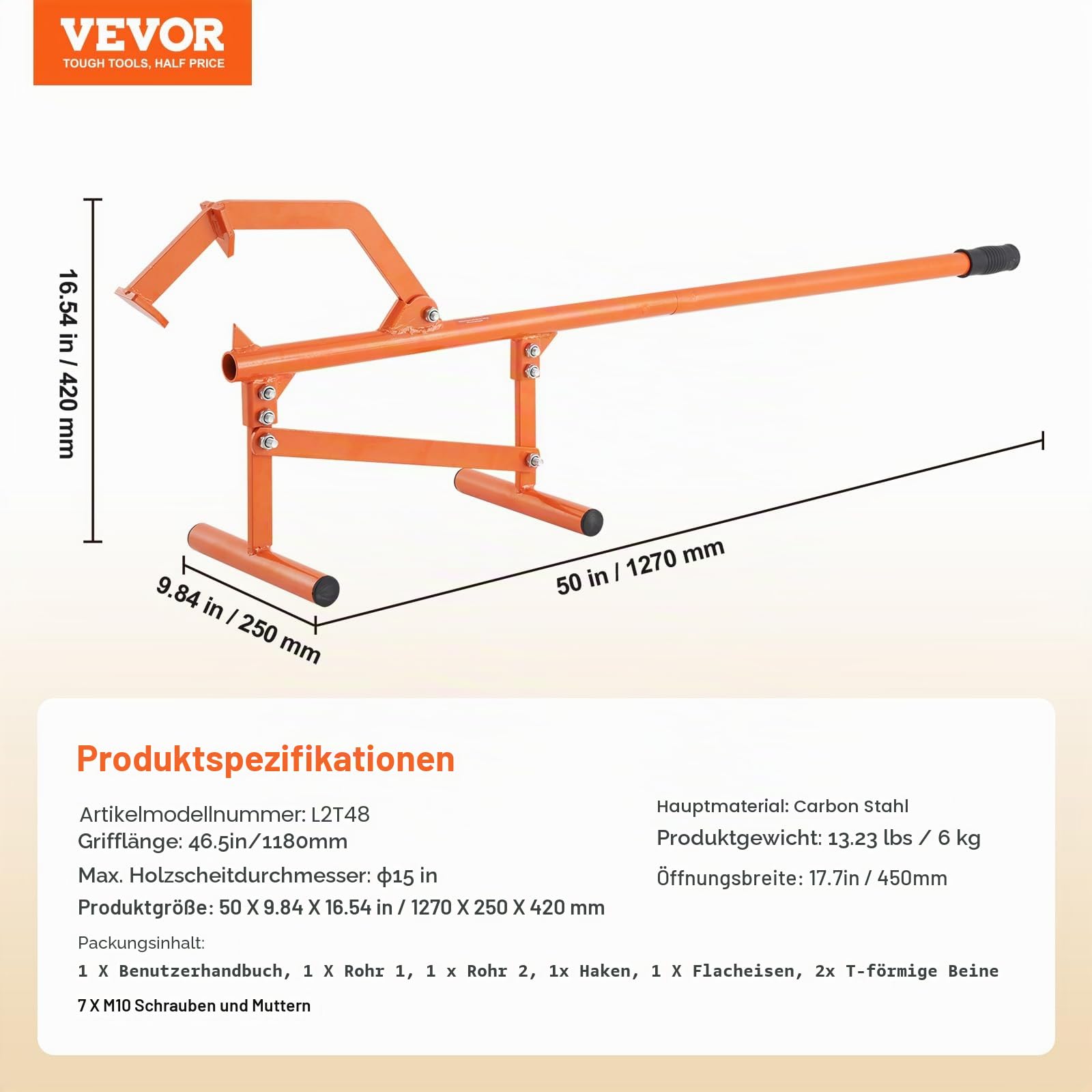 VEVOR Fällheber, 1180 mm, Stammheber aus Stahl, Stammwender mit verstellbarem Wendehaken, Forsthaken, Fällhilfe für Stämme bis zu φ 38 cm, Fällhilfe zum Rollen, Schneiden & Anheben von Stämmen