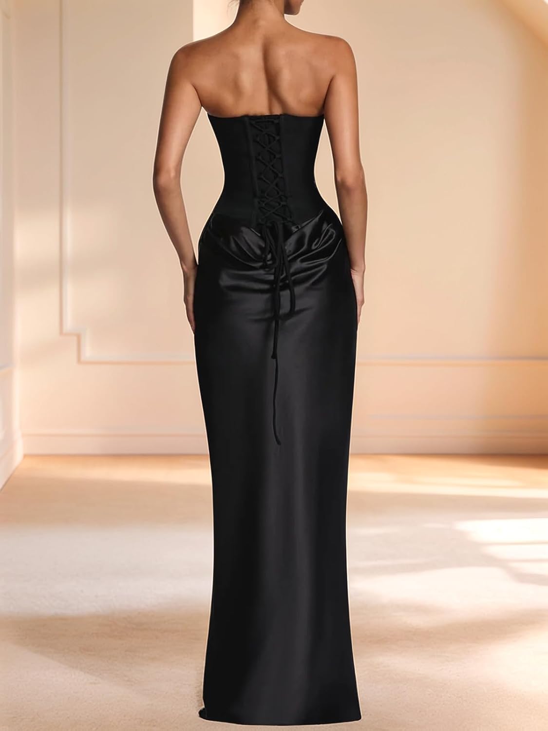 Prom Dress Maxi Satin Corset Strapless Bodycon Formal Evening Gowns with Scarf - Image 2