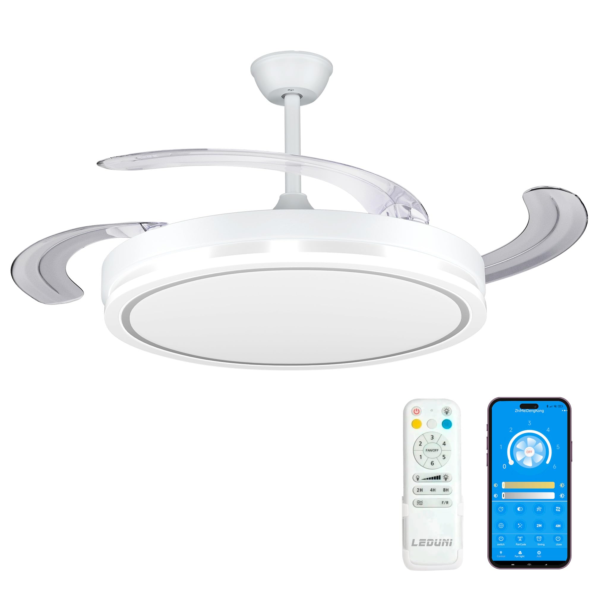 Ventilador de Techo LED 66W, 30W Motor DC+36W LED con Control Remoto+App, 4 Aspas Retráctiles, 2880lm,Ultra Silencioso aspas Retráctiles función verano-invierno (Blanco)