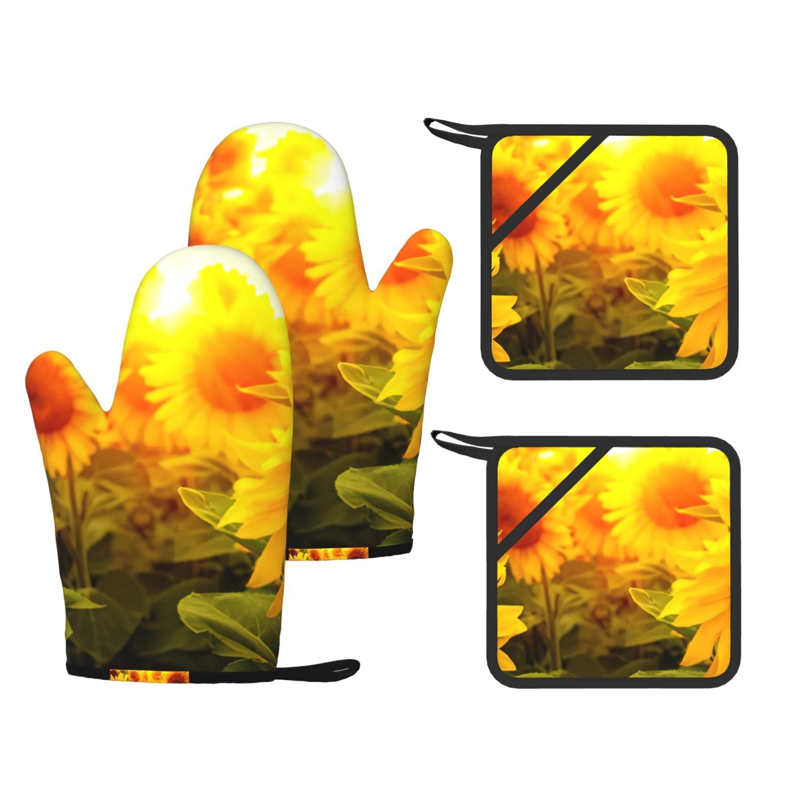 Sunflower Field On Bright Sunshine Print Oven Mitts And Pot Holders Pads Set, Oven Glove High Heat Resistant 500 Degree For Kitchen