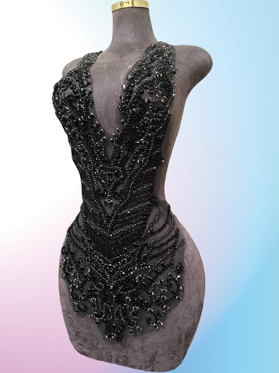 Handmade Rhinestones Large Bodice Applique Glass Stones Beads Bright Crystal Lace Patches Accessories for Weding Dress Decorations (Black)