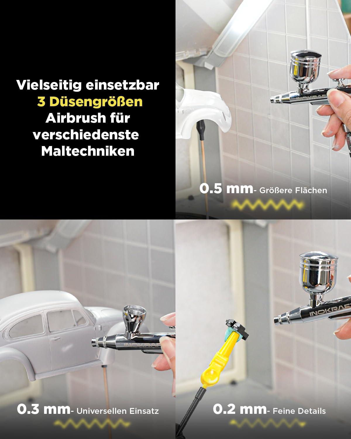 InoKraft Airbrush-Set mit Kompressor 1/6 HP leiser Luftkompressor, 3 Düsen 0,2 0,3 0,5 mm, Airbrushpistole, Schlauch, Halter, Anleitung, 4 Farben
